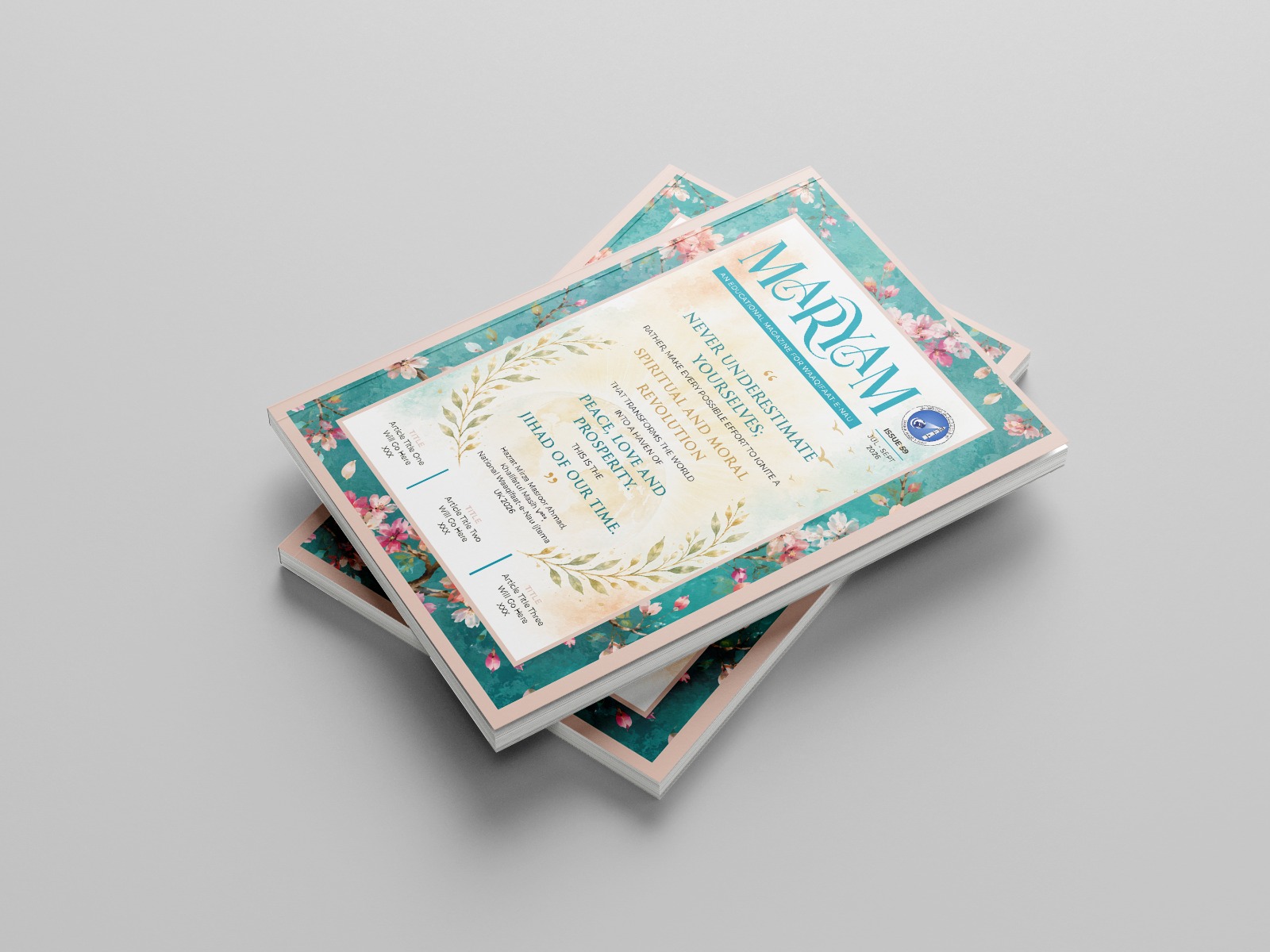 Maryam magazine cover with a teal watercolour blossom border, a long quotation set in stepped type sizes and the masthead in a pale band