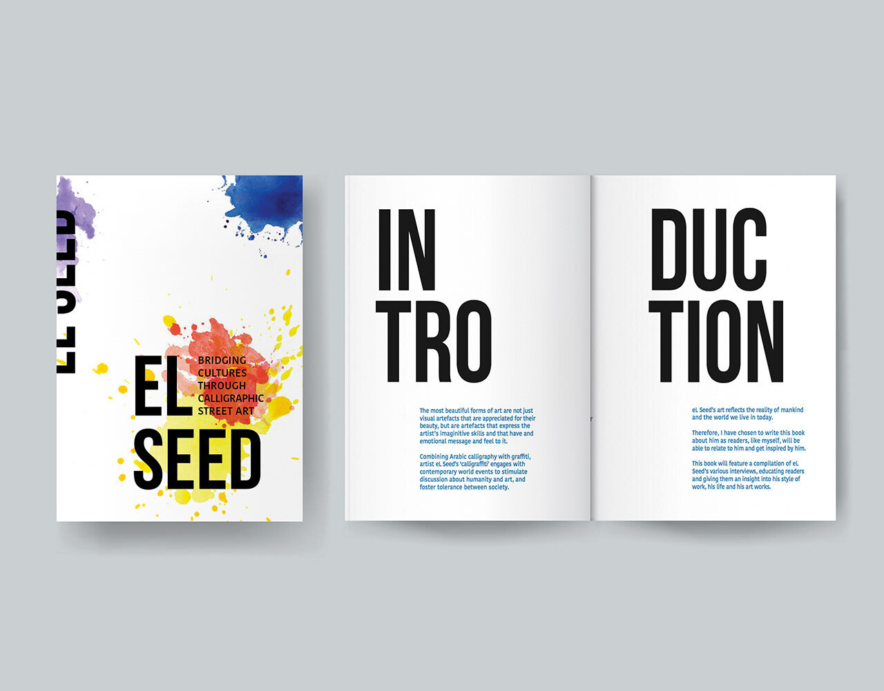 Open editorial spread from the El Seed publication, with large calligraphic imagery set against a clean typographic grid