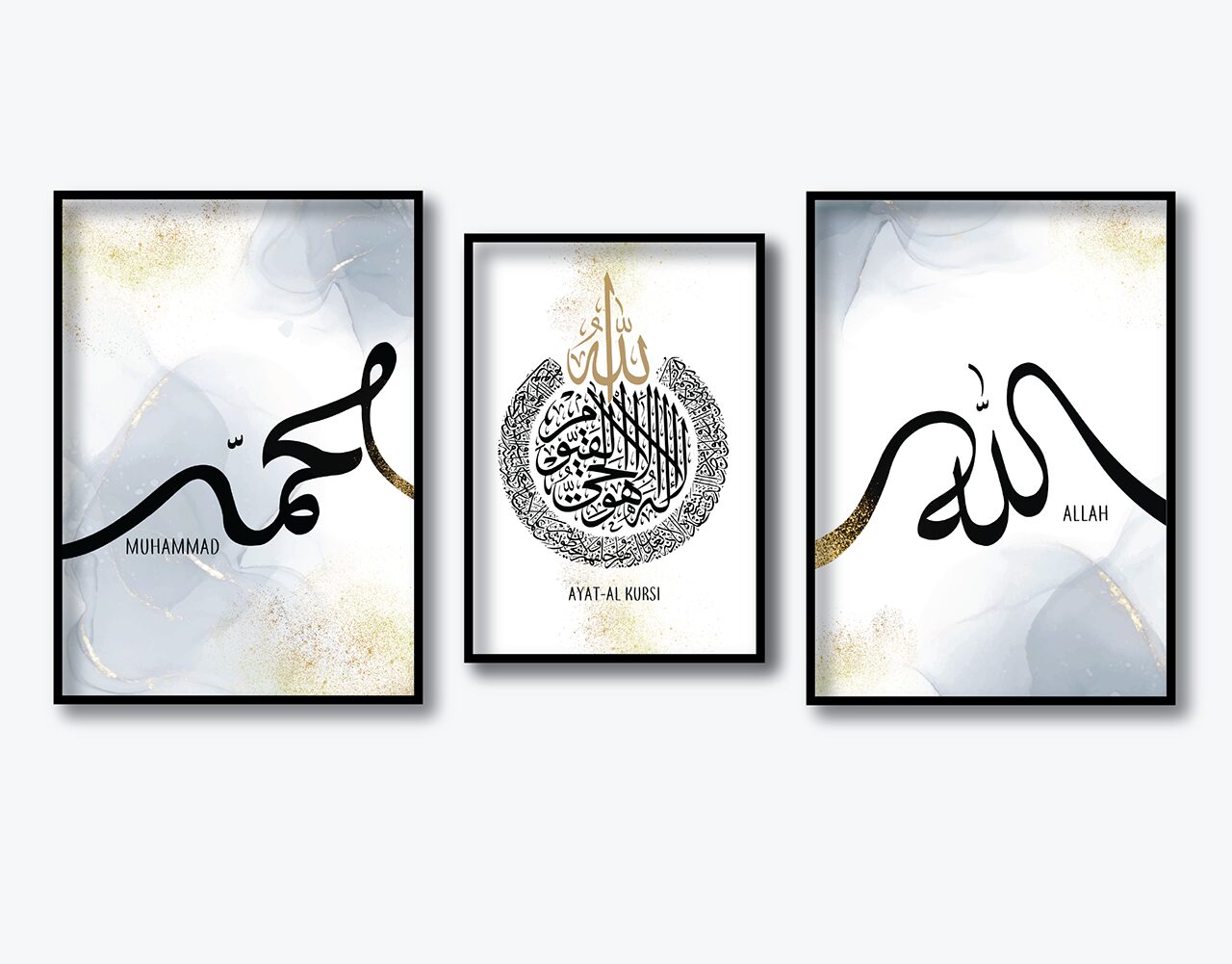 Wall art print series shown framed, with calligraphy centred and small translations set beneath